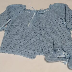 Conj Tricô Azul Bebê Casaco Sapato 3 A 6 M