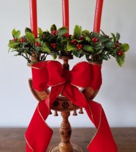 Castiçal Madeira Guirlandas Azevinhos 3 Velas